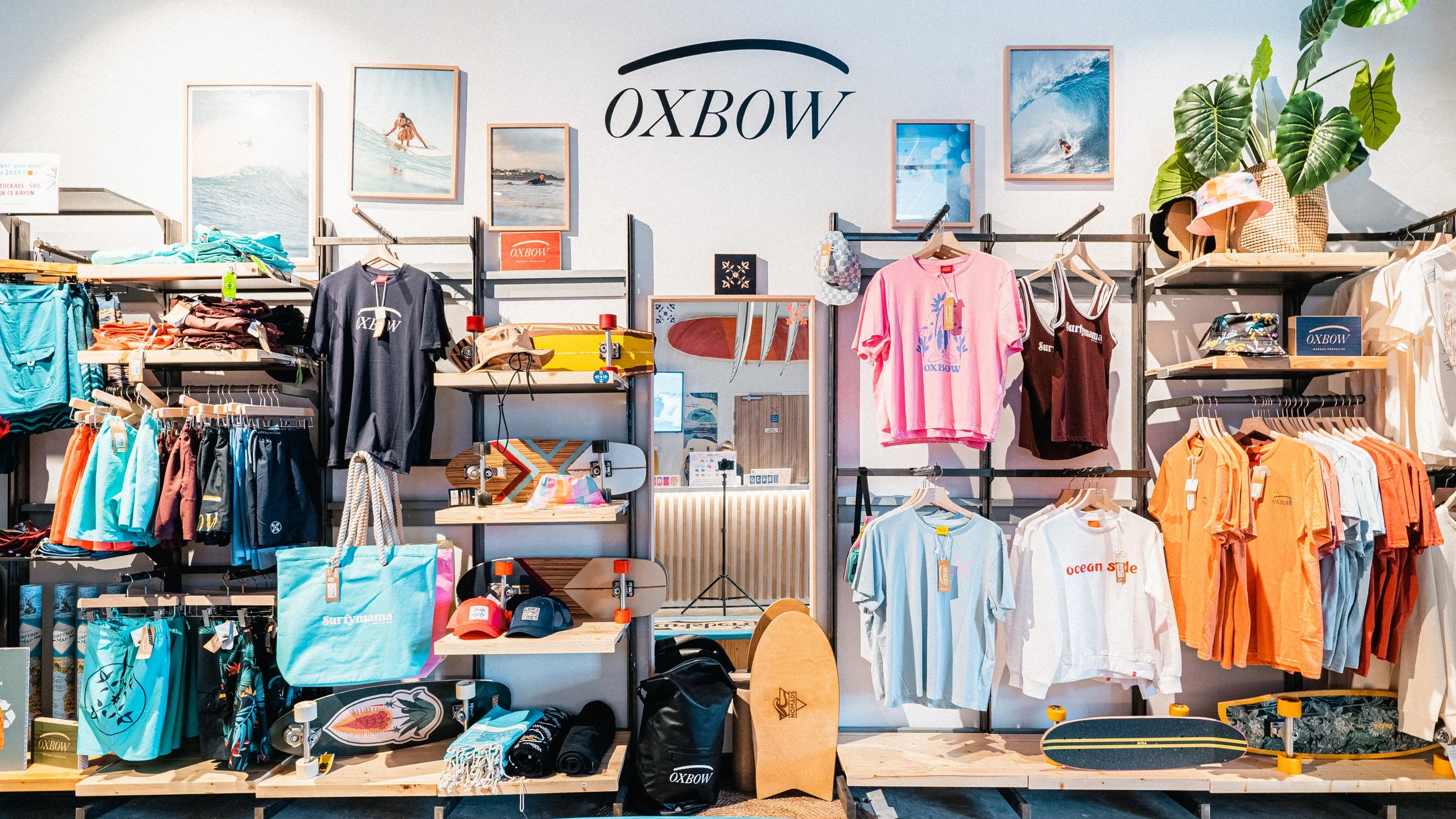 Rayons de vêtements d'été et accessoires dans un magasin de sports nautiques, avec des panneaux de skate et des plantes